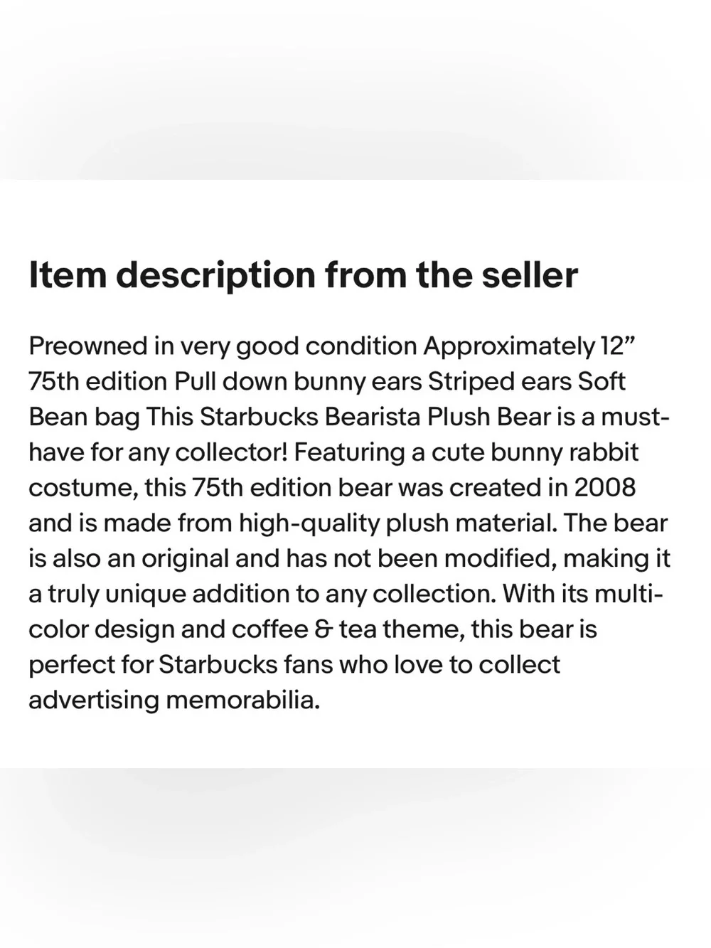 Starbucks Barista Bear in Easter bunny costume 2008 NWOT